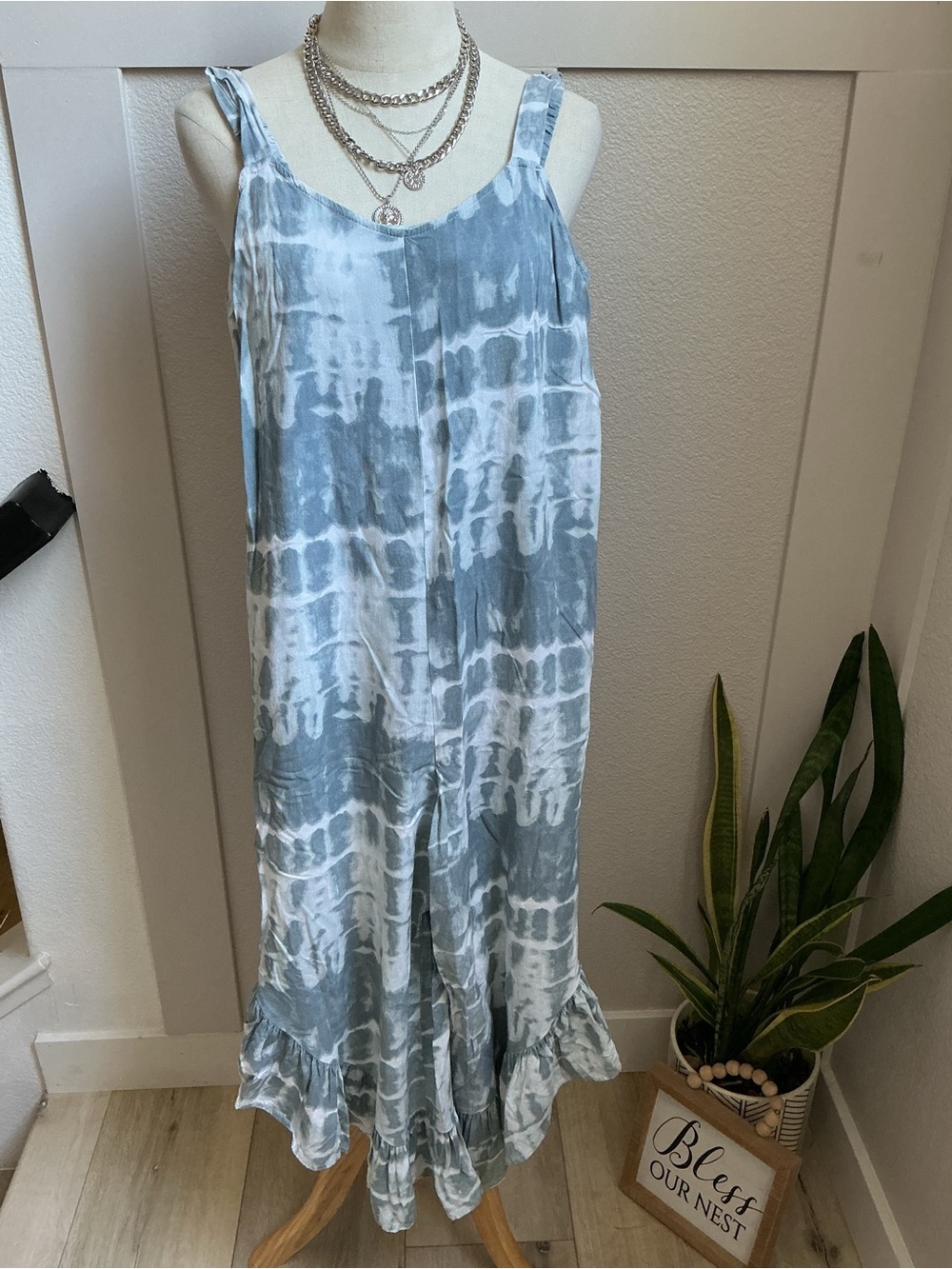 Japna Blue Tie-Dye Ruffle Hem Romper Jumpsuit - Picture 3 of 12